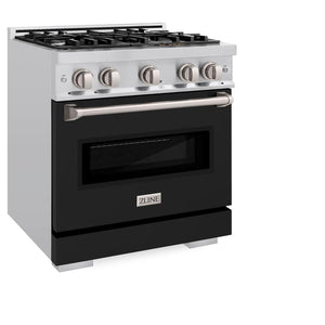 ZLINE 30 in. 4.2 cu. ft. Classic Dual Fuel Range with 4 Burner Gas Cooktop and Electric Convection Oven in Stainless Steel with Black Matte Door (CDR-BLM-30) side, oven closed.