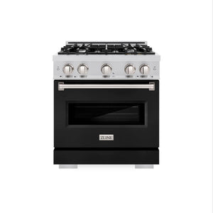 ZLINE 30 in. 4.2 cu. ft. Classic Gas Range with 4 Burner Cooktop and Convection Gas Oven in Stainless Steel with Black Matte Door (CGR-BLM-30) front, oven closed.