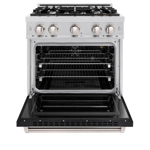 ZLINE 30 in. 4.2 cu. ft. Classic Gas Range with 4 Burner Cooktop and Convection Gas Oven in Stainless Steel with Black Matte Door (CGR-BLM-30) front, oven open.