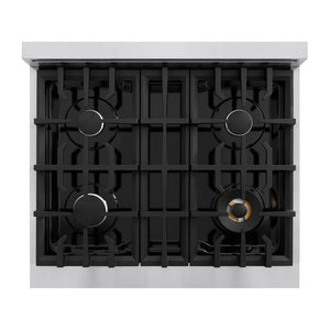 ZLINE 30 in. 4.2 cu. ft. Classic Gas Range with 4 Burner Cooktop and Convection Gas Oven in Stainless Steel with Black Matte Door (CGR-BLM-30) top-down, above cooktop.