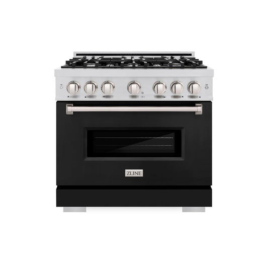 ZLINE 36 in. 5.2 cu. ft. Classic Gas Range with 6 Burner Cooktop and Convection Gas Oven in Stainless Steel with Black Matte Door (CGR-BLM-36) front, oven closed.