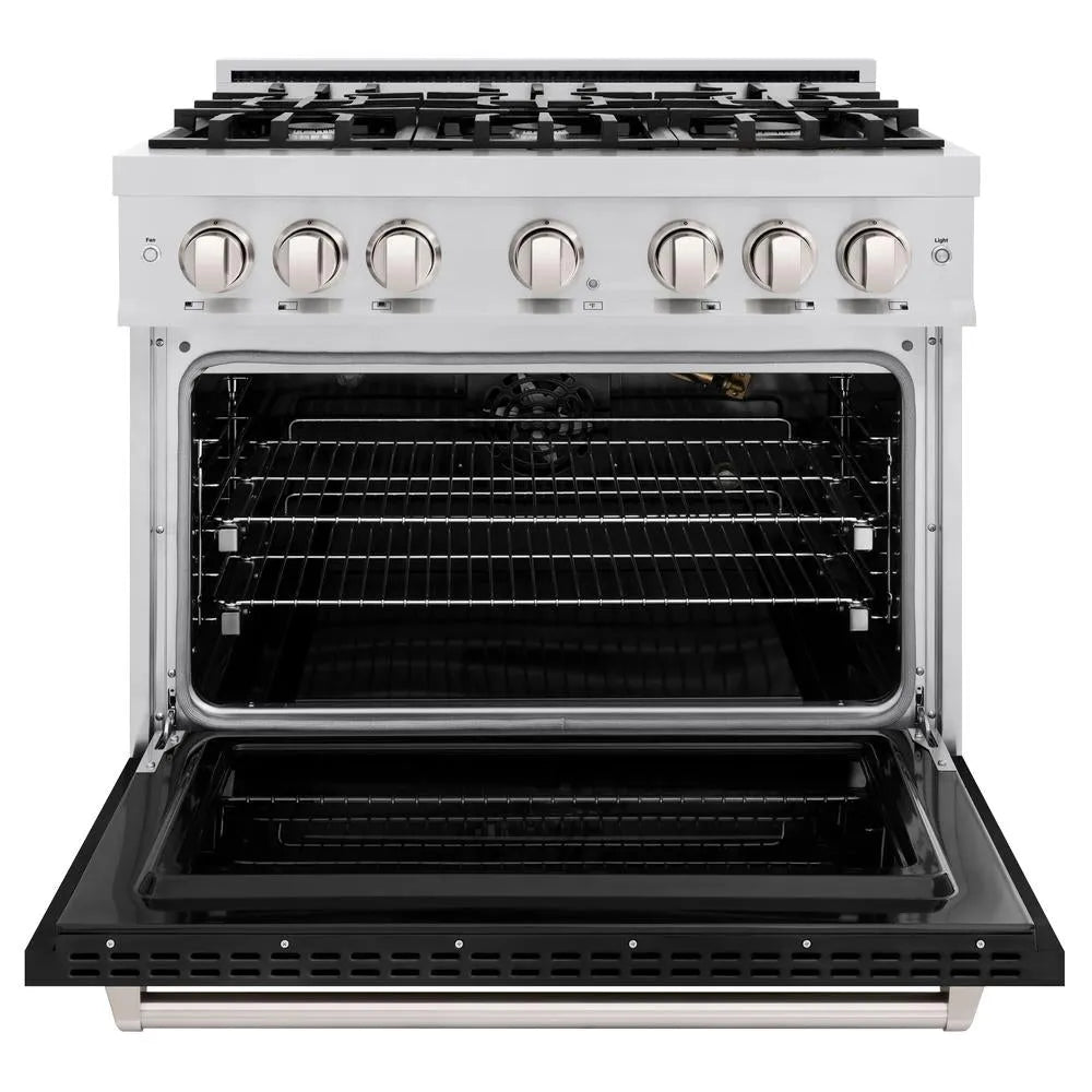ZLINE 36 in. 5.2 cu. ft. Classic Gas Range with 6 Burner Cooktop and Convection Gas Oven in Stainless Steel with Black Matte Door (CGR-BLM-36) front, oven open.