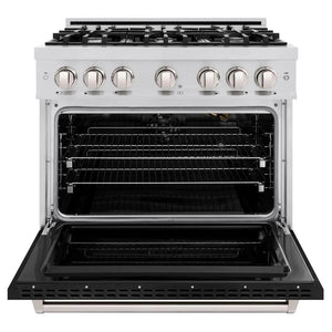 ZLINE 36 in. 5.2 cu. ft. Classic Gas Range with 6 Burner Cooktop and Convection Gas Oven in Stainless Steel with Black Matte Door (CGR-BLM-36) front, oven open.