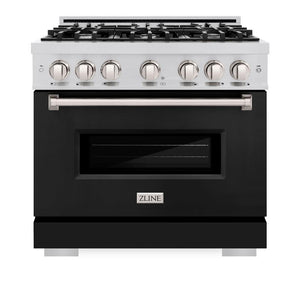 ZLINE 36 in. 5.2 cu. ft. Classic Gas Range with 6 Burner Cooktop and Convection Gas Oven in Stainless Steel with Black Matte Door (CGR-BLM-36) front, oven closed.