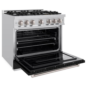 ZLINE 36 in. 5.2 cu. ft. Classic Gas Range with 6 Burner Cooktop and Convection Gas Oven in Stainless Steel with Black Matte Door (CGR-BLM-36) side, oven open.