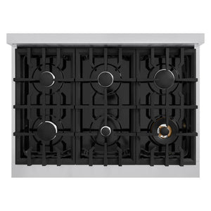 ZLINE 36 in. 5.2 cu. ft. Classic Gas Range with 6 Burner Cooktop and Convection Gas Oven in Stainless Steel with Black Matte Door (CGR-BLM-36) top-down, above cooktop.