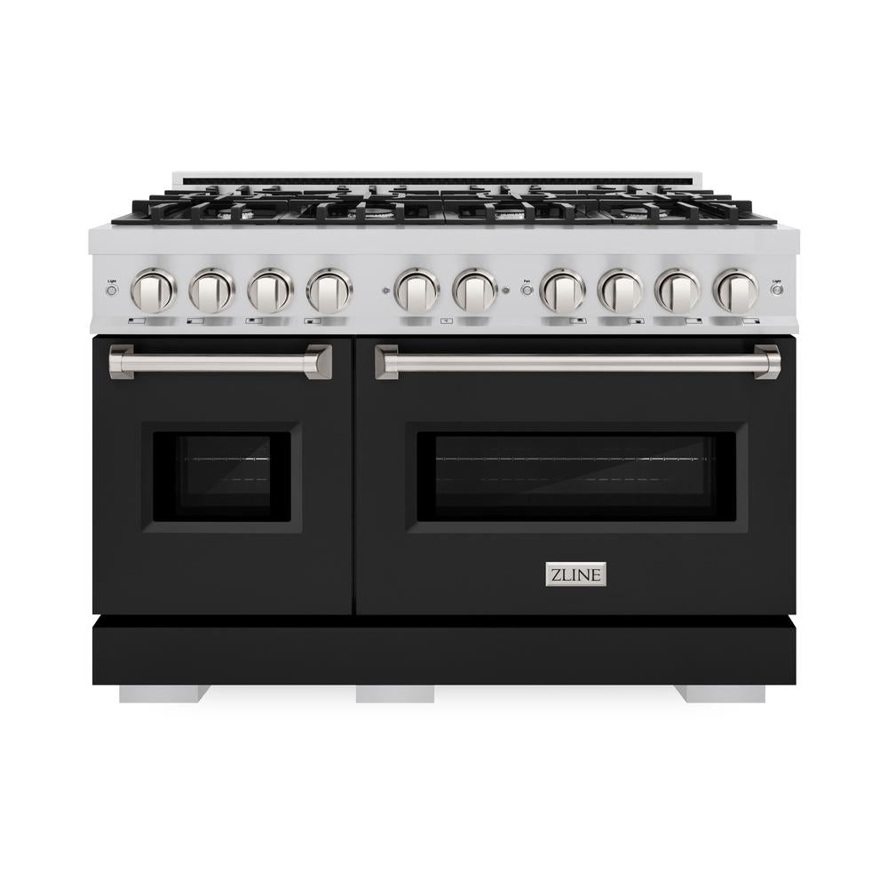 ZLINE 48 in. 6.7 cu. ft. Classic Double Oven Gas Range with 8 Burner Cooktop in Stainless Steel with Black Matte Doors (CGR-BLM-48) front.