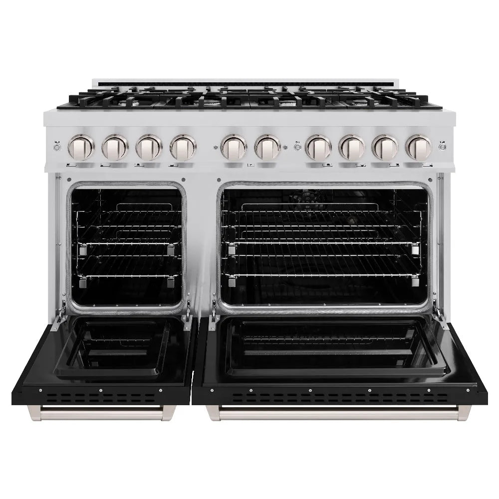 ZLINE 48 in. 6.7 cu. ft. Classic Double Oven Gas Range with 8 Burner Cooktop in Stainless Steel with Black Matte Doors (CGR-BLM-48) front, oven open.