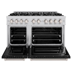 ZLINE 48 in. 6.7 cu. ft. Classic Double Oven Gas Range with 8 Burner Cooktop in Stainless Steel with Black Matte Doors (CGR-BLM-48) front, oven open.