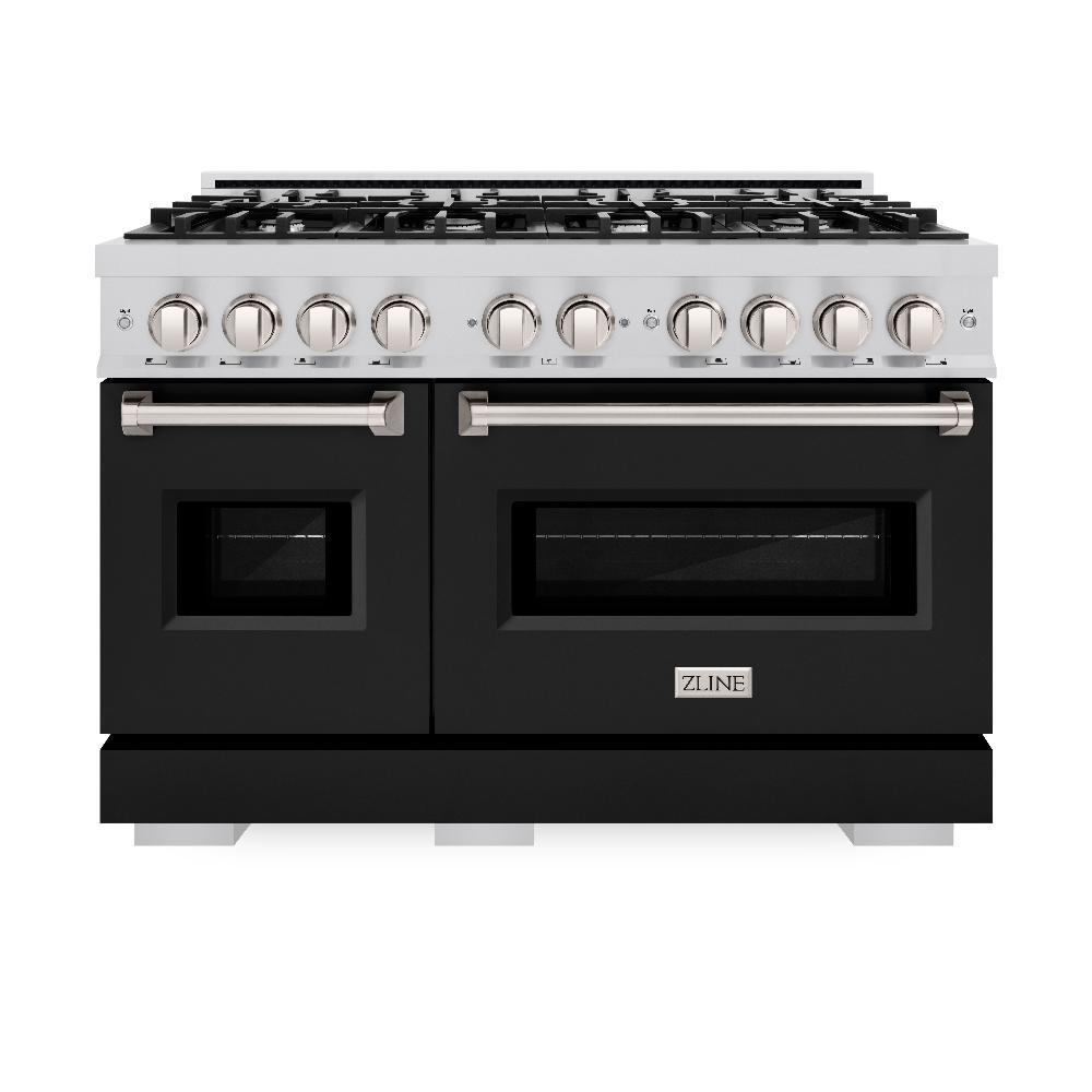 ZLINE 48 in. 6.7 cu. ft. Classic Double Oven Gas Range with 8 Burner Cooktop in Stainless Steel with Black Matte Doors (CGR-BLM-48) front, oven closed.