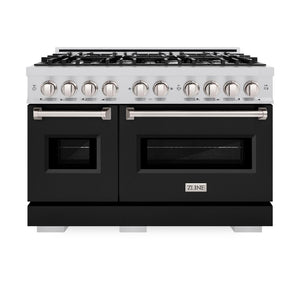 ZLINE 48 in. 6.7 cu. ft. Classic Double Oven Gas Range with 8 Burner Cooktop in Stainless Steel with Black Matte Doors (CGR-BLM-48) front, oven closed.