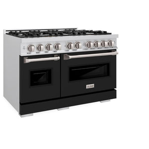 ZLINE 48 in. 6.7 cu. ft. Classic Double Oven Gas Range with 8 Burner Cooktop in Stainless Steel with Black Matte Doors (CGR-BLM-48) side, oven closed.