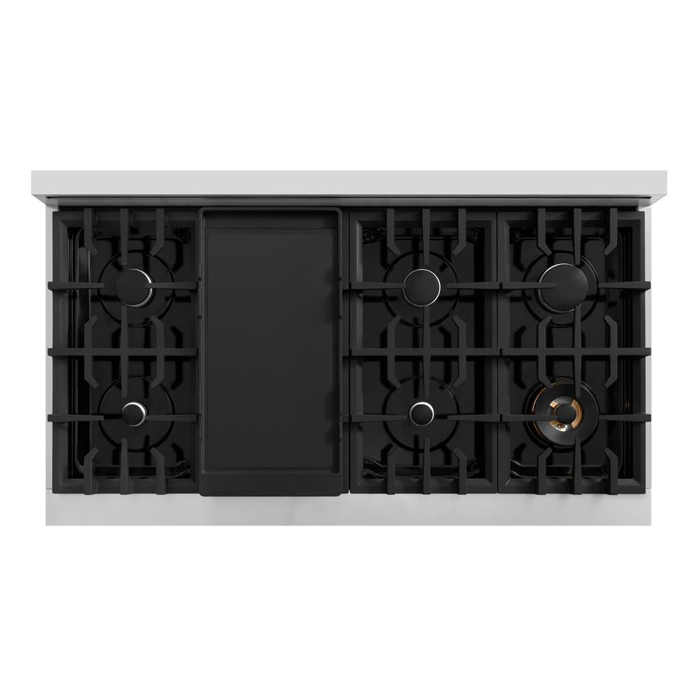 ZLINE 48 in. 6.7 cu. ft. Classic Double Oven Gas Range with 8 Burner Cooktop in Stainless Steel with Black Matte Doors (CGR-BLM-48) top-down, above cooktop.