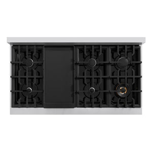 ZLINE 48 in. 6.7 cu. ft. Classic Double Oven Gas Range with 8 Burner Cooktop in Stainless Steel with Black Matte Doors (CGR-BLM-48) top-down, above cooktop.