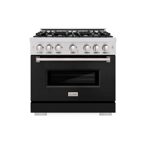 ZLINE 36 in. 5.2 cu. ft. Classic Dual Fuel Range with 6 Burner Gas Cooktop and Electric Convection Oven in Stainless Steel with Black Matte Door (CDR-BLM-36) front, oven closed.