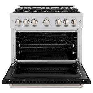 ZLINE 36 in. 5.2 cu. ft. Classic Dual Fuel Range with 6 Burner Gas Cooktop and Electric Convection Oven in Stainless Steel with Black Matte Door (CDR-BLM-36) front, oven open.