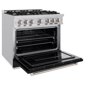 ZLINE 36 in. 5.2 cu. ft. Classic Dual Fuel Range with 6 Burner Gas Cooktop and Electric Convection Oven in Stainless Steel with Black Matte Door (CDR-BLM-36) side, oven open.