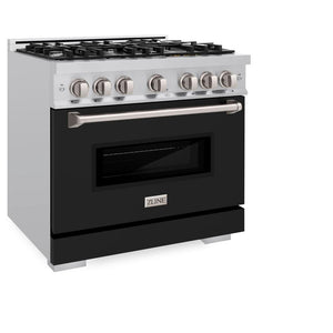 ZLINE 36 in. 5.2 cu. ft. Classic Dual Fuel Range with 6 Burner Gas Cooktop and Electric Convection Oven in Stainless Steel with Black Matte Door (CDR-BLM-36) side, oven closed.