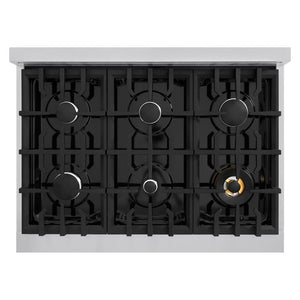 ZLINE 36 in. 5.2 cu. ft. Classic Dual Fuel Range with 6 Burner Gas Cooktop and Electric Convection Oven in Stainless Steel with Black Matte Door (CDR-BLM-36) top-down, above cooktop.