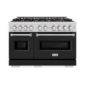 ZLINE 48 in. 6.7 cu. ft. Classic Double Oven Dual Fuel Range with 8 Burner Gas Cooktop in Stainless Steel with Black Matte Doors (CDR-BLM-48) front.
