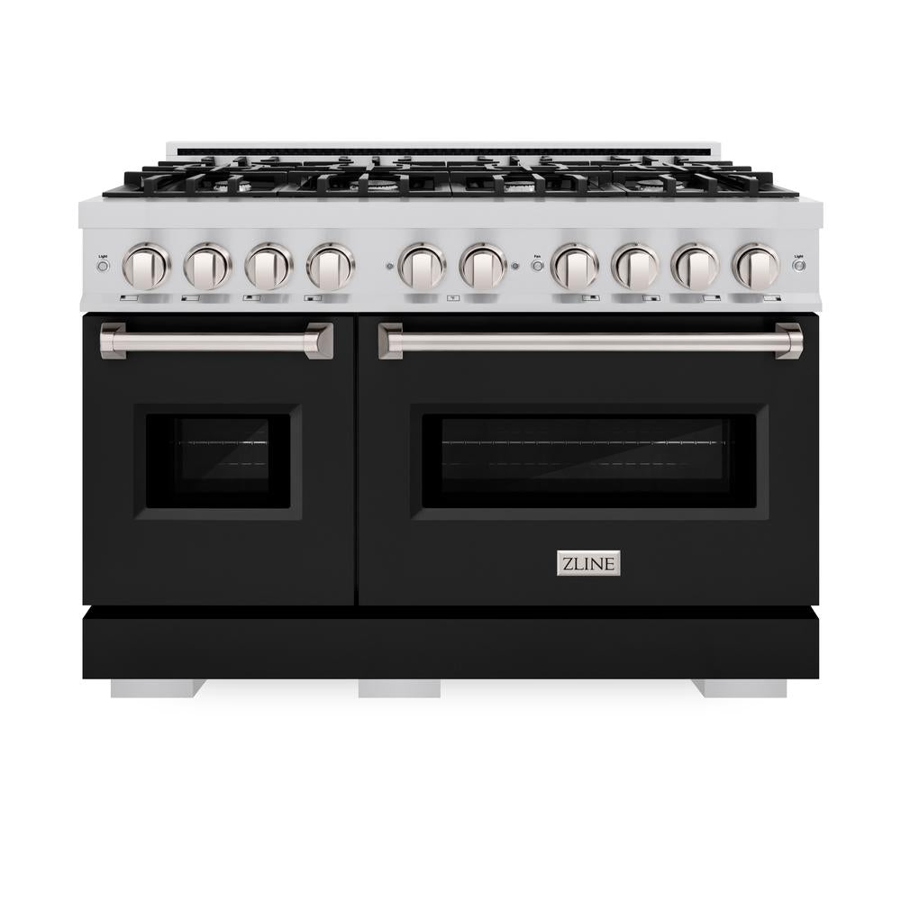 ZLINE 48 in. 6.7 cu. ft. Classic Double Oven Dual Fuel Range with 8 Burner Gas Cooktop in Stainless Steel with Black Matte Doors (CDR-BLM-48) front, oven closed.
