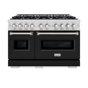 ZLINE 48 in. 6.7 cu. ft. Classic Double Oven Dual Fuel Range with 8 Burner Gas Cooktop in Stainless Steel with Black Matte Doors (CDR-BLM-48) front, oven closed.