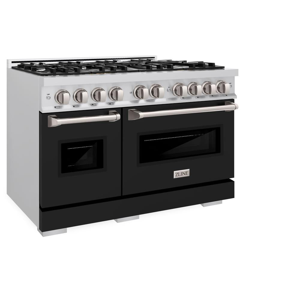 ZLINE 48 in. 6.7 cu. ft. Classic Double Oven Dual Fuel Range with 8 Burner Gas Cooktop in Stainless Steel with Black Matte Doors (CDR-BLM-48) side, closed.