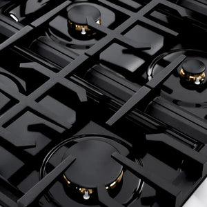 ZLINE 36 in. 5.2 cu. ft. Classic Dual Fuel Range with Gas Cooktop and Electric Convection Oven in Stainless Steel with 6 Brass Burners (CDR-BR-36) close-up, brass burners and cast-iron grates from side.