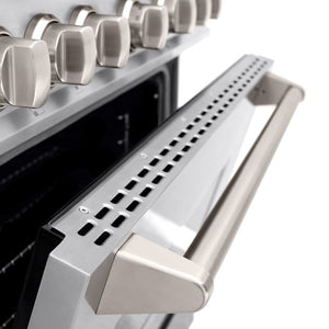 ZLINE 36 in. 5.2 cu. ft. Classic Dual Fuel Range with Gas Cooktop and Electric Convection Oven in Stainless Steel with 6 Brass Burners (CDR-BR-36) oven door detail.