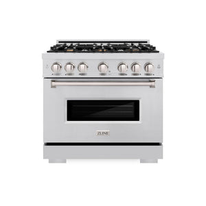 ZLINE 36 in. 5.2 cu. ft. Classic Dual Fuel Range with Gas Cooktop and Electric Convection Oven in Stainless Steel with 6 Brass Burners (CDR-BR-36) front, oven closed.
