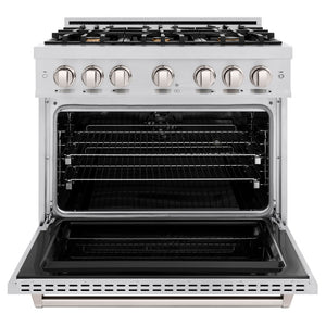 ZLINE 36 in. 5.2 cu. ft. Classic Dual Fuel Range with Gas Cooktop and Electric Convection Oven in Stainless Steel with 6 Brass Burners (CDR-BR-36) front, oven open.