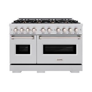 ZLINE 48 in. 6.7 cu. ft. Classic Double Oven Dual Fuel Range in Stainless Steel with 8 Brass Burners (CDR-BR-48) front, oven closed.