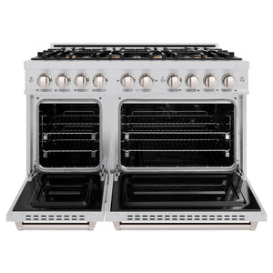 ZLINE 48 in. 6.7 cu. ft. Classic Double Oven Dual Fuel Range in Stainless Steel with 8 Brass Burners (CDR-BR-48) front, oven open.