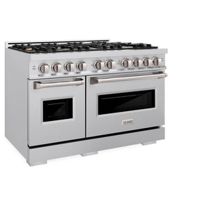 ZLINE 48 in. 6.7 cu. ft. Classic Double Oven Dual Fuel Range in Stainless Steel with 8 Brass Burners (CDR-BR-48) side, oven closed.