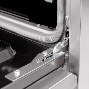 ZLINE 48 in. 6.7 cu. ft. Classic Double Oven Dual Fuel Range in Stainless Steel with 8 Brass Burners (CDR-BR-48) close-up, StayPut oven door hinge.