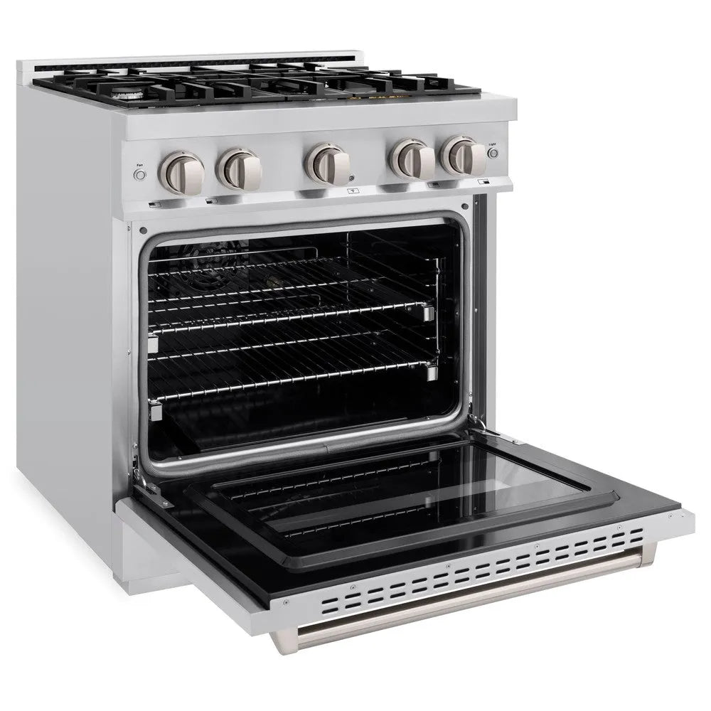 ZLINE 30 in. 4.2 cu. ft. Classic Dual Fuel Range with 4 Burner Gas Cooktop and Electric Convection Oven in Stainless Steel (CDR30) side, oven open.