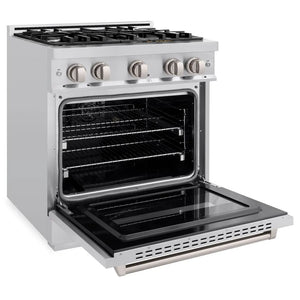 ZLINE 30 in. 4.2 cu. ft. Classic Dual Fuel Range with 4 Burner Gas Cooktop and Electric Convection Oven in Stainless Steel (CDR30) side, oven open.