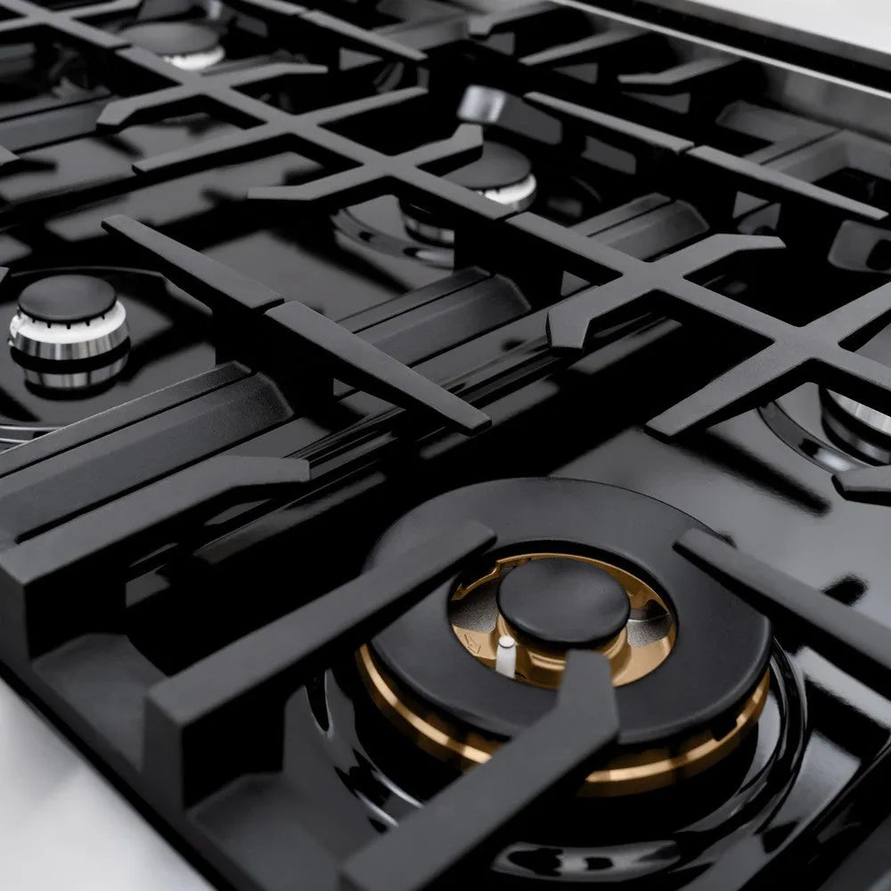 ZLINE 48 in. 6.7 cu. ft. Classic Double Oven Dual Fuel Range with 8 Burner Gas Cooktop in Stainless Steel (CDR48) close-up, dual function brass burner and cast-iron grates from side.