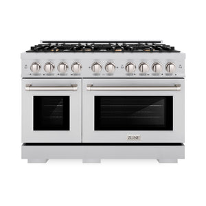 ZLINE 48 in. 6.7 cu. ft. Select Double Oven Dual Fuel Range in Stainless Steel with 8 Brass Burners (HDR-BR-48) front, oven closed.