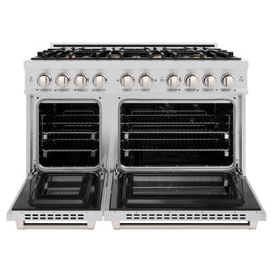 ZLINE 48 in. 6.7 cu. ft. Select Double Oven Dual Fuel Range in Stainless Steel with 8 Brass Burners (HDR-BR-48) front, oven open.