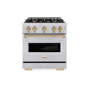 ZLINE Autograph Edition 30 in. 4.2 cu. ft. Classic Dual Fuel Range with 4 Burner Gas Cooktop and Electric Convection Oven in Stainless Steel with Champagne Bronze Accents (CDRZ-30-CB) front, oven closed.