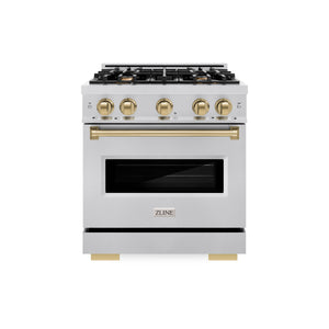 ZLINE Autograph Edition 30 in. 4.2 cu. ft. Classic Dual Fuel Range with 4 Burner Gas Cooktop and Electric Convection Oven in Stainless Steel with Champagne Bronze Accents (CDRZ-30-CB) front.