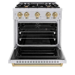 ZLINE Autograph Edition 30 in. 4.2 cu. ft. Classic Dual Fuel Range with 4 Burner Gas Cooktop and Electric Convection Oven in Stainless Steel with Champagne Bronze Accents (CDRZ-30-CB) front, open.