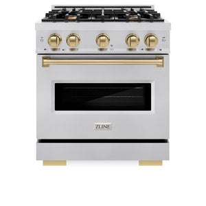 ZLINE Autograph Edition 30 in. 4.2 cu. ft. Classic Dual Fuel Range with 4 Burner Gas Cooktop and Electric Convection Oven in Stainless Steel with Champagne Bronze Accents (CDRZ-30-CB) front, oven closed.