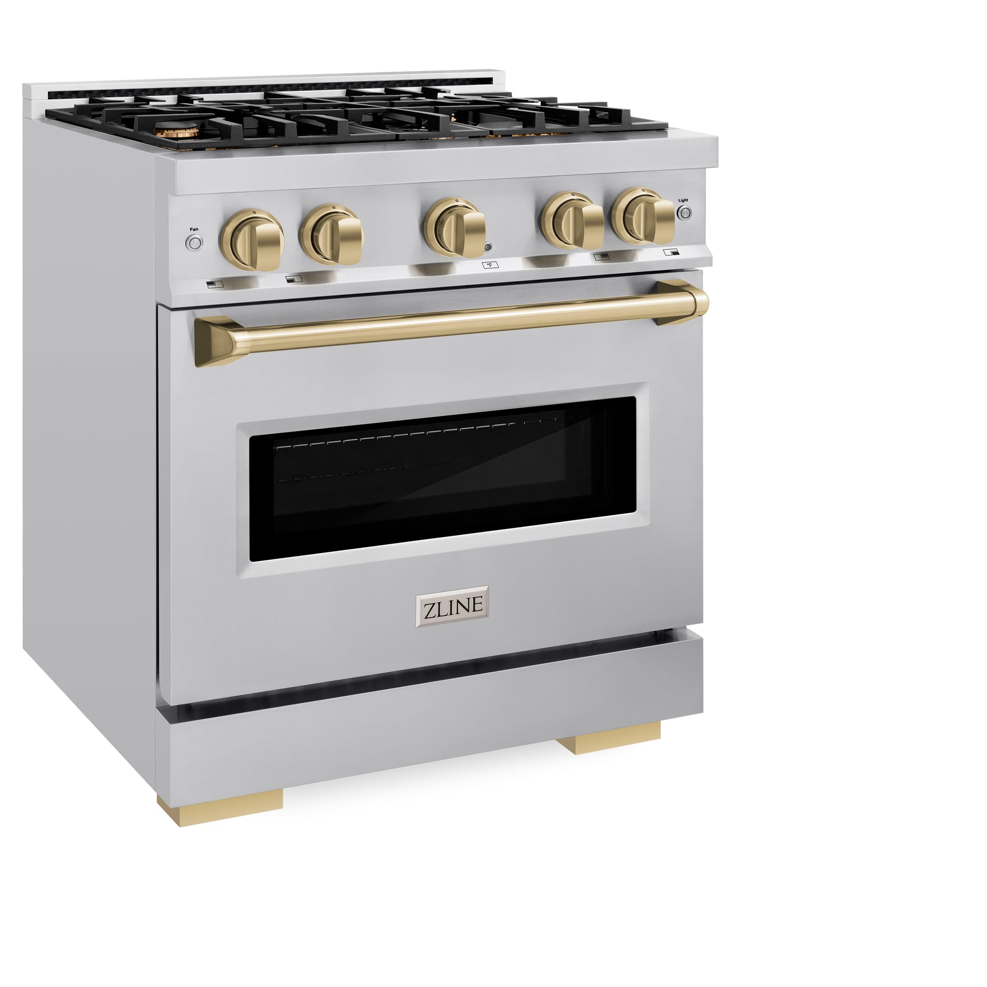 ZLINE Autograph Edition 30 in. 4.2 cu. ft. Classic Dual Fuel Range with 4 Burner Gas Cooktop and Electric Convection Oven in Stainless Steel with Champagne Bronze Accents (CDRZ-30-CB) side, closed.