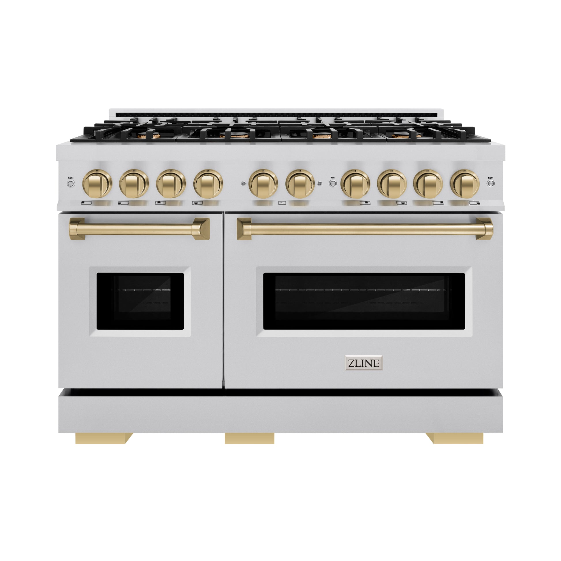 ZLINE Autograph Edition 48 in. 6.7 cu. ft. Classic Double Oven Dual Fuel Range with 8 Burner Gas Cooktop in Stainless Steel and Champagne Bronze Accents (CDRZ-48-CB) front.