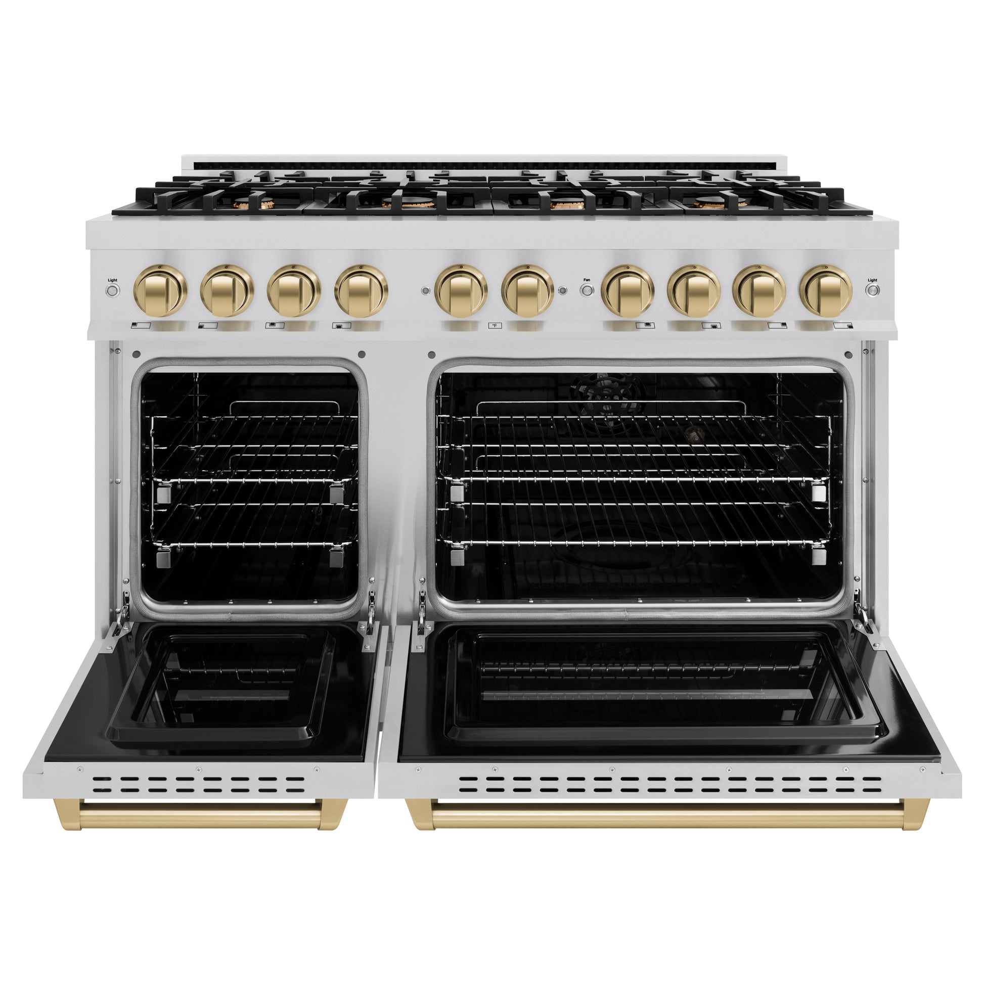 ZLINE Autograph Edition 48 in. 6.7 cu. ft. Classic Double Oven Dual Fuel Range with 8 Burner Gas Cooktop in Stainless Steel and Champagne Bronze Accents (CDRZ-48-CB) front, open.