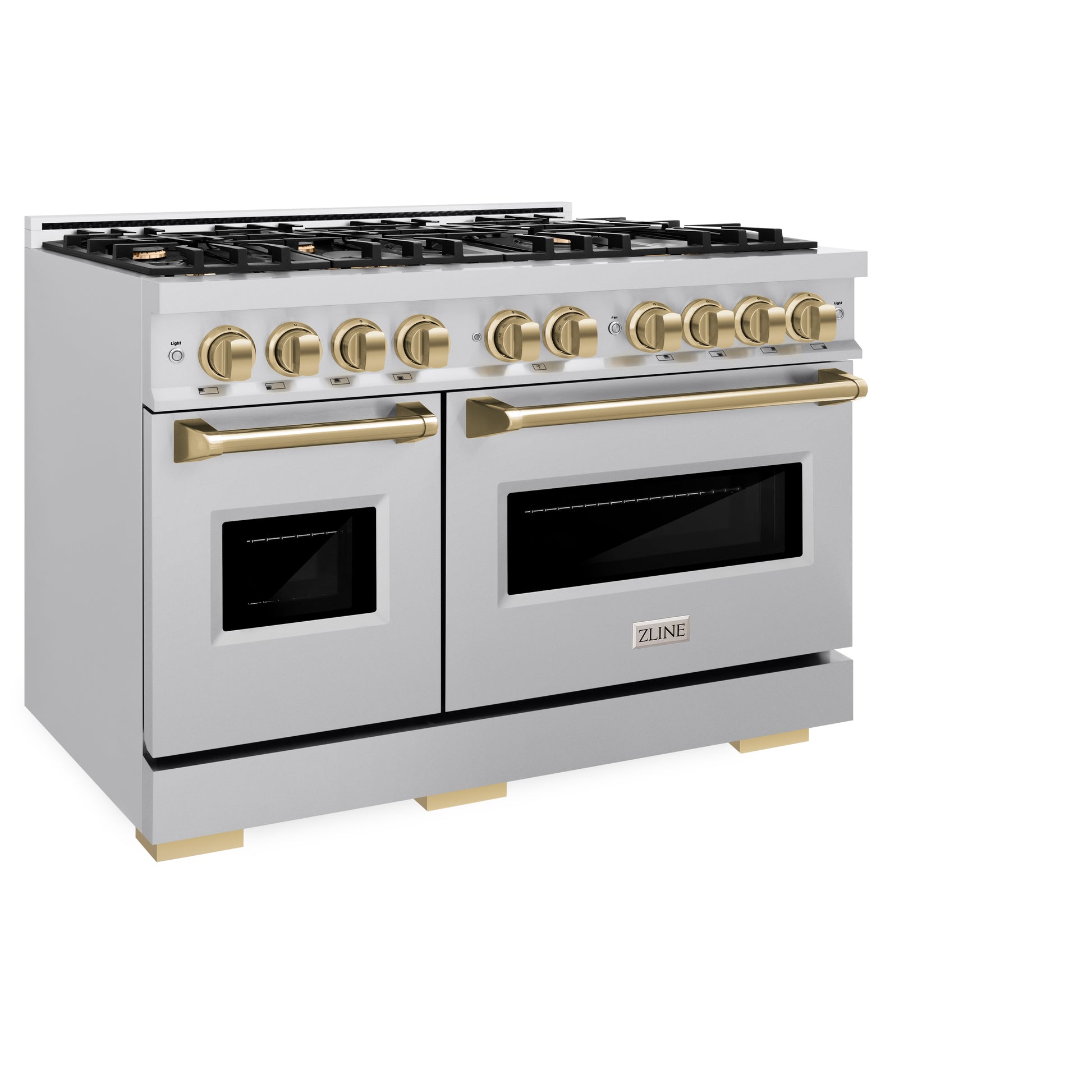 ZLINE Autograph Edition 48 in. 6.7 cu. ft. Classic Double Oven Dual Fuel Range with 8 Burner Gas Cooktop in Stainless Steel and Champagne Bronze Accents (CDRZ-48-CB) side, closed.