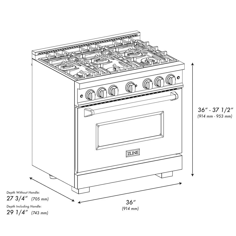 ZLINE Autograph Edition 36 in. 5.2 cu. ft. Classic Dual Fuel Range with 6 Burner Gas Cooktop and Electric Convection Oven in Stainless Steel with Black Matte Door and Champagne Bronze Accents (CDRZ-BLM-36-CB) dimensional diagram.