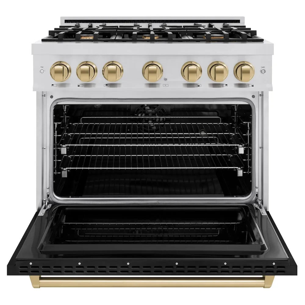 ZLINE Autograph Edition 36 in. 5.2 cu. ft. Classic Dual Fuel Range with 6 Burner Gas Cooktop and Electric Convection Oven in Stainless Steel with Black Matte Door and Champagne Bronze Accents (CDRZ-BLM-36-CB) front, oven open.